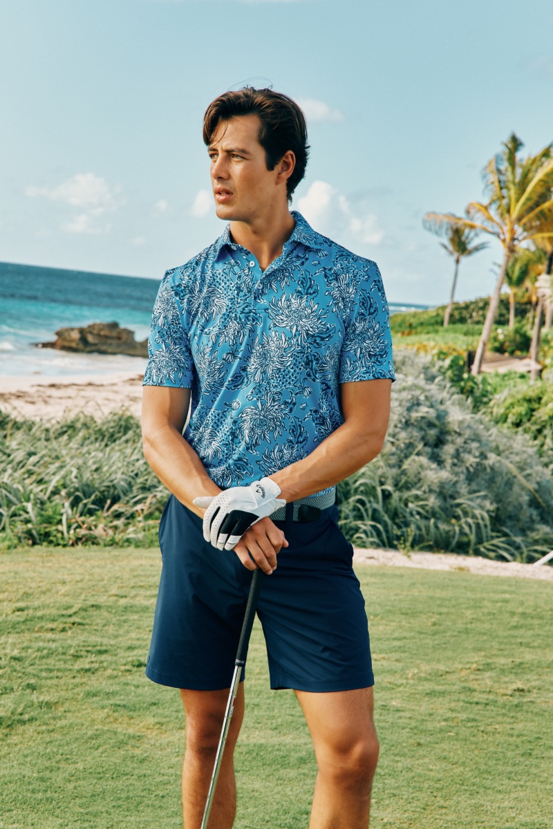 Harry Gozzett sports a printed polo shirt from the Lilly Pulitzer x Southern Tide collection.