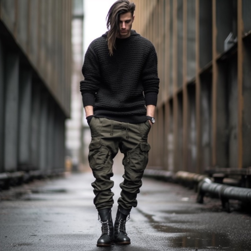 Male Model Cargo Pants Sweater Dark Boots Fashion