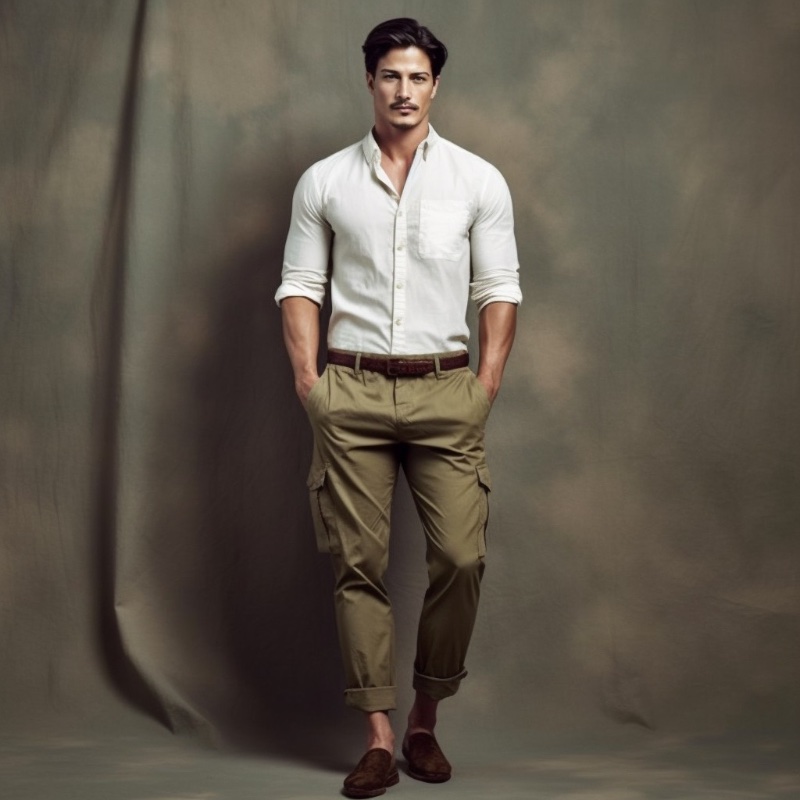 Male Model Dress Shirt Cargo Pants Loafers