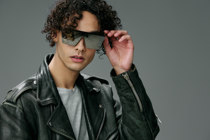 Man Leather Jacket Mirrored Sunglasses