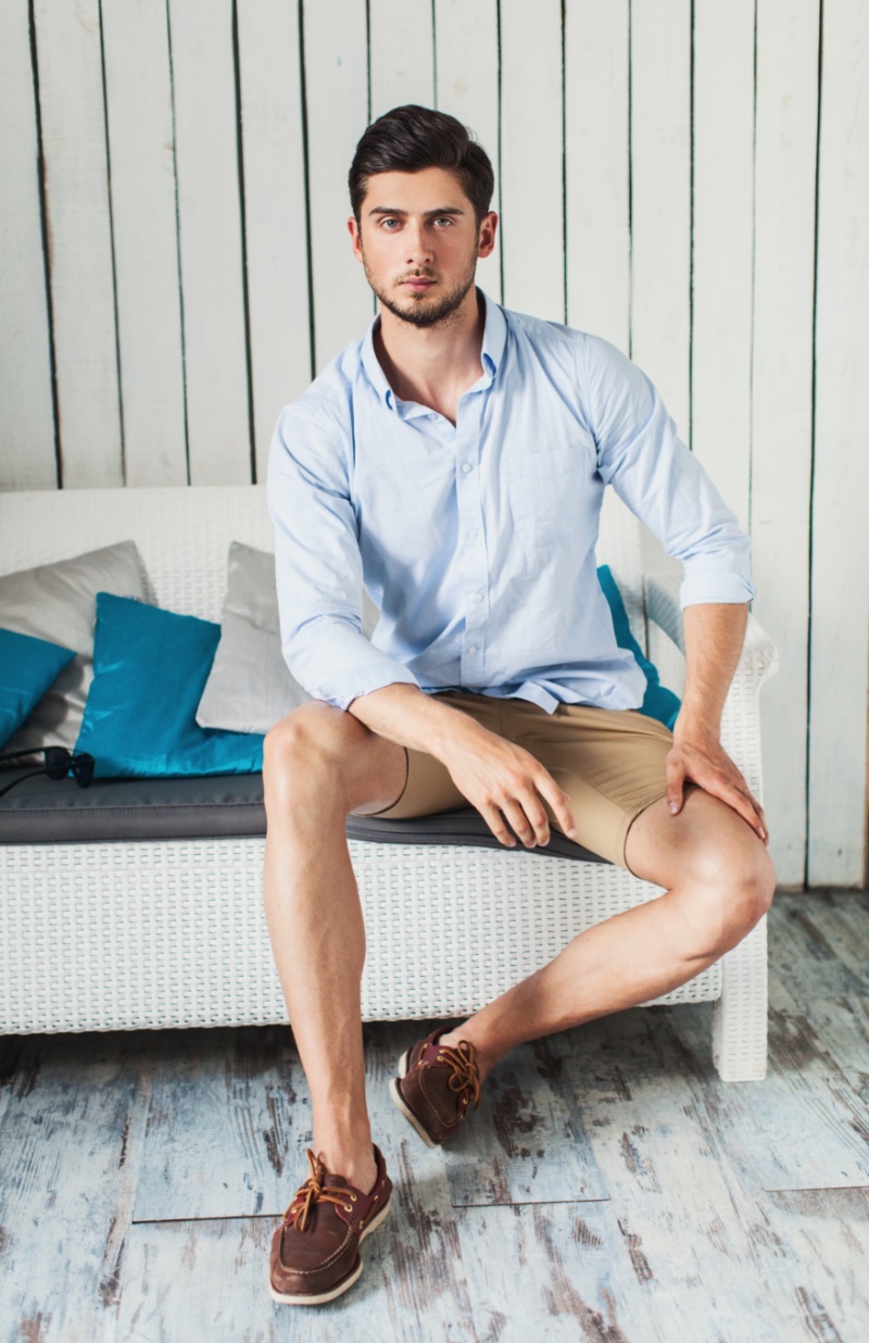Man Short Shorts Light Blue Button-down Boat Shoes » Men's Summer Essentials to Wear Now Man Short Shorts Light Blue Button-down Boat Shoes