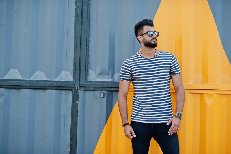 Man Striped T-shirt Sunglasses Jeans