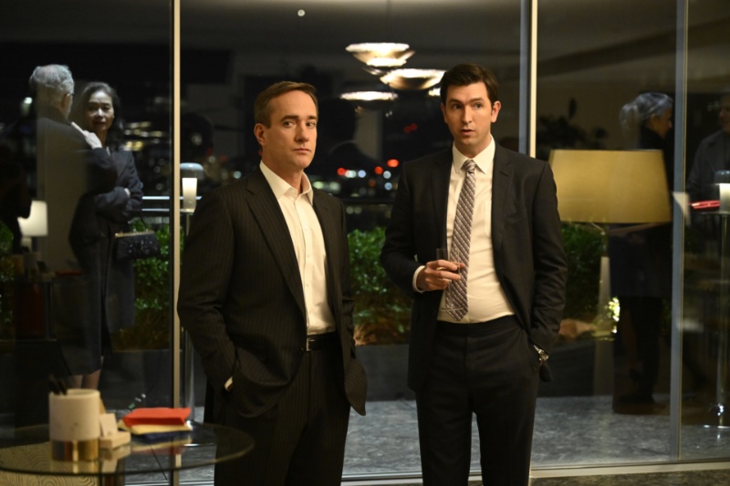 Succession stars Matthew Macfadyen and Nicholas Braun. Playing Cousin Greg, Braun wears an IWC watch.