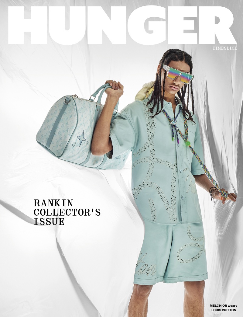 Model Melchior rocks a monochromatic designer outfit from Louis Vuitton for the cover of Hunger magazine.