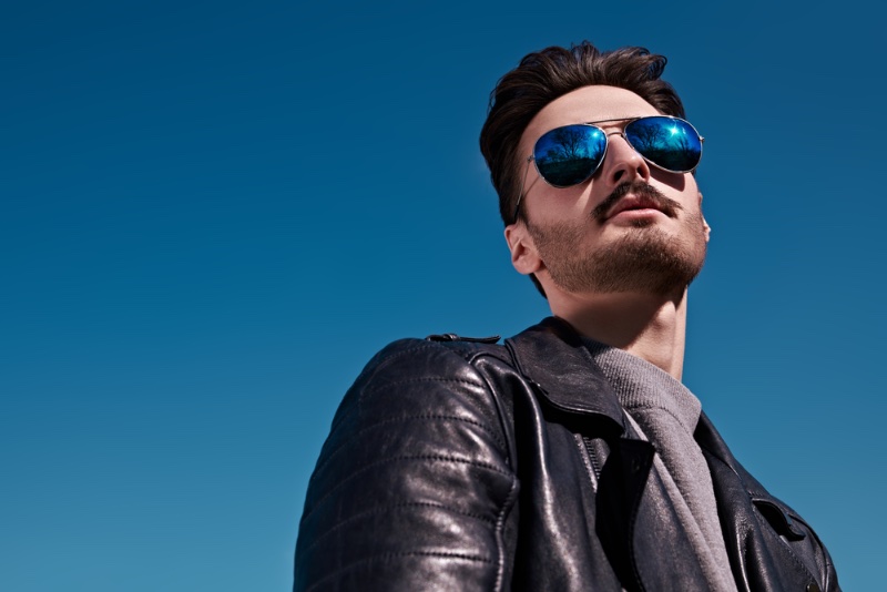 Mens Fashion Blue Colored Lenses Sunglasses Leather Jacket