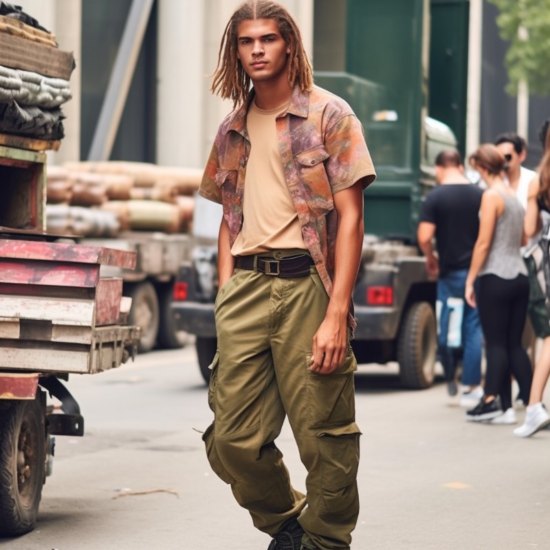 Model Wearing Cargo Pants Short Sleeve Shirt