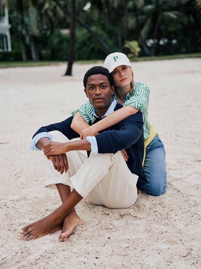 Models Hamid Onifade and Altyn Simpson hit the beach for Piombo's spring 2023 campaign.
