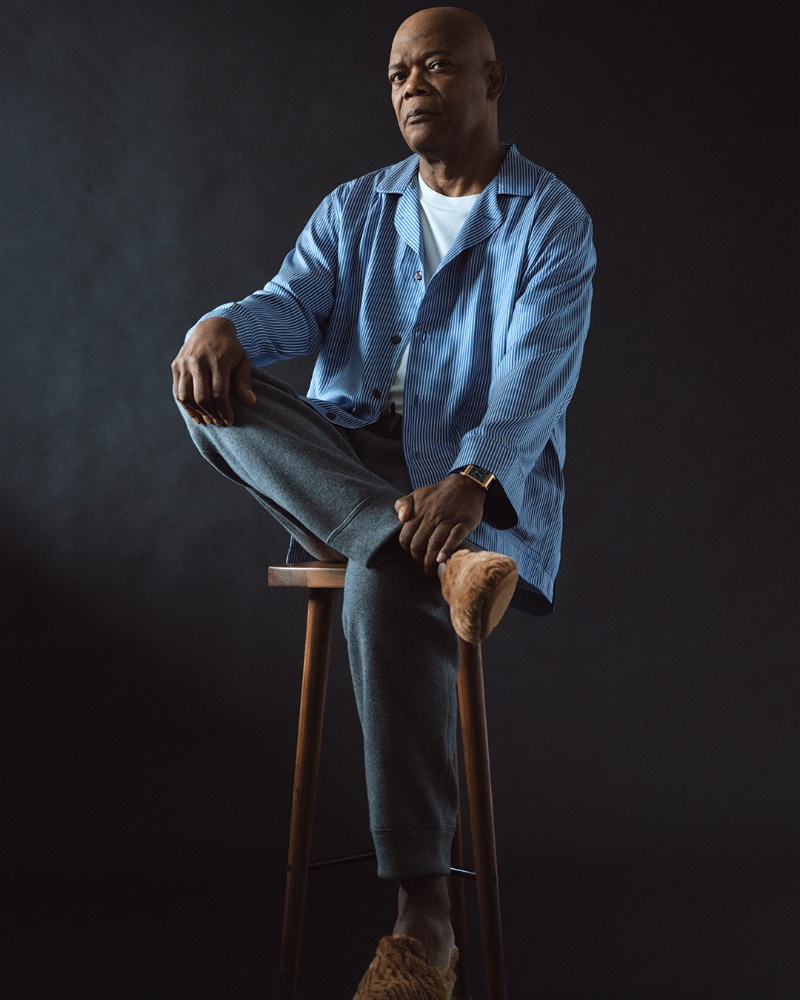 Donning relaxed proportions, Samuel L. Jackson wears a Umit Benan B+ striped shirt, The Row t-shirt and virgin wool sweatpants, and Manolo Blahnik shearling slippers. 