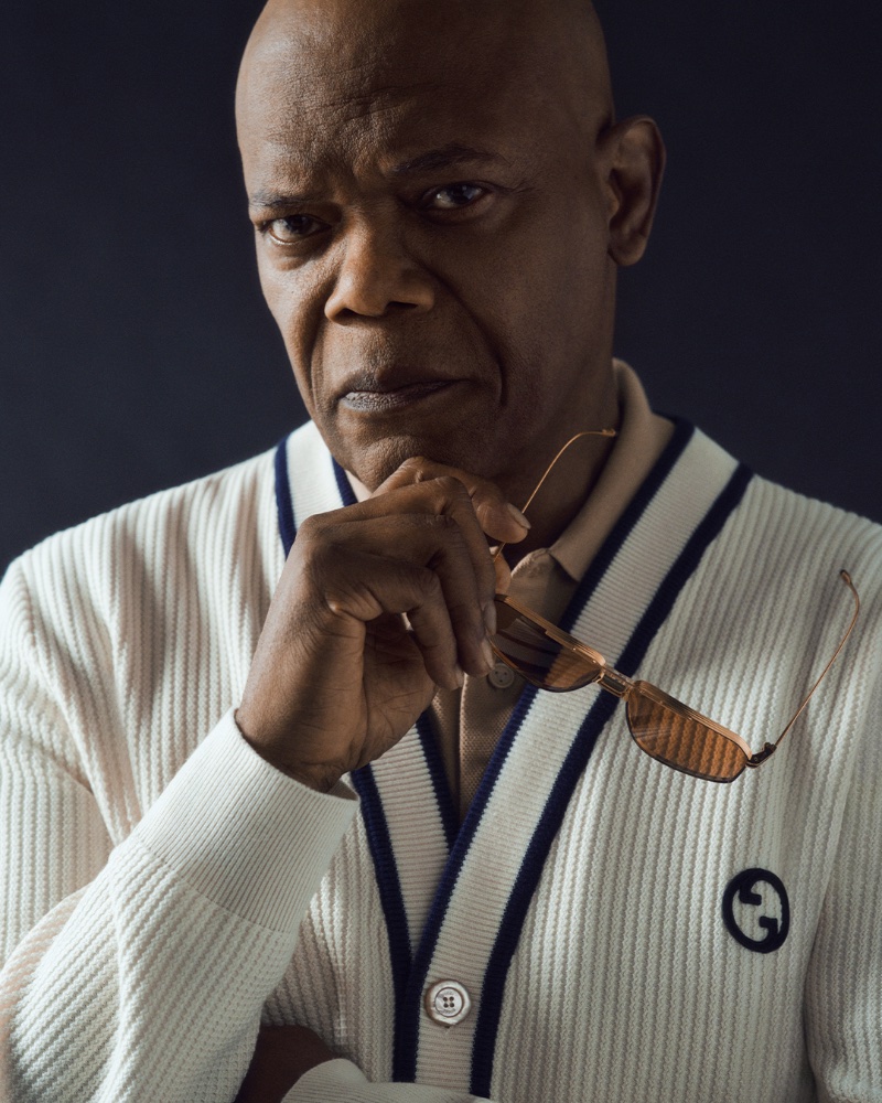 Connecting with Mr Porter, Samuel L. Jackson wears a Gucci cardigan and Bottega Veneta polo. 