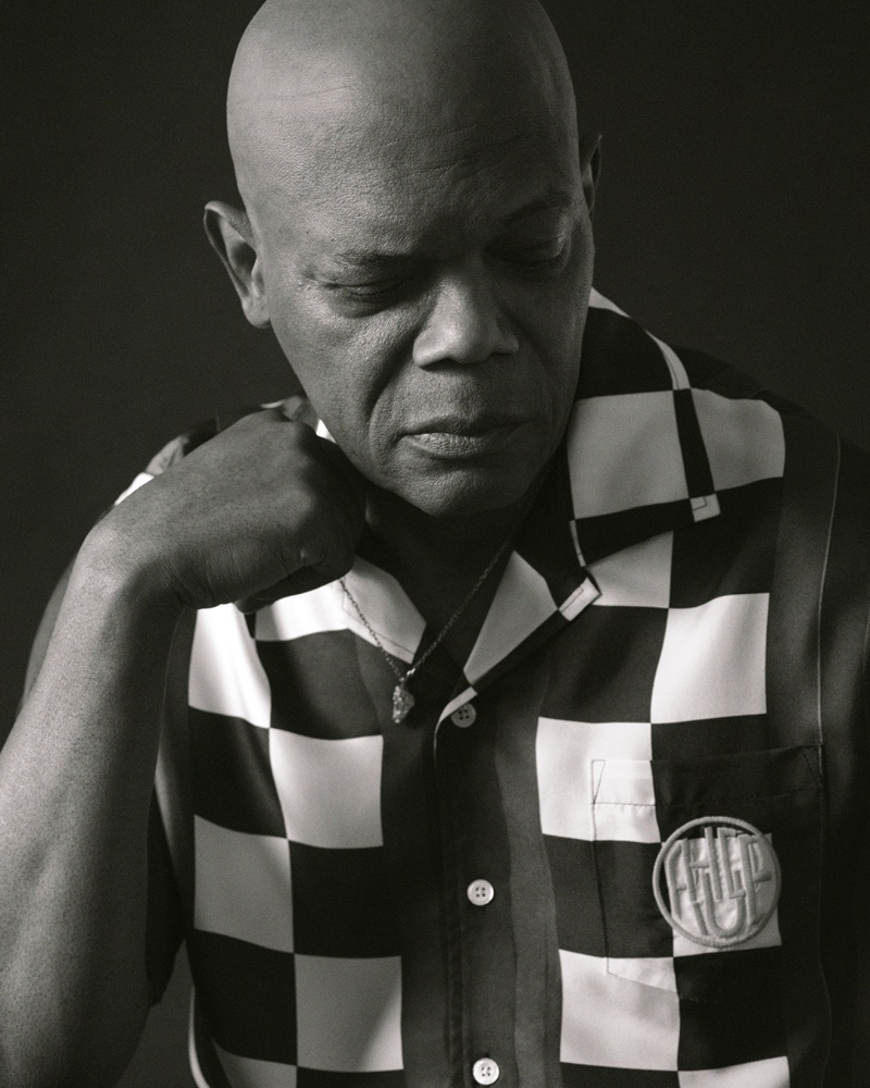 Making a graphic statement, Samuel L. Jackson dons a RHUDE camp-collar shirt. 