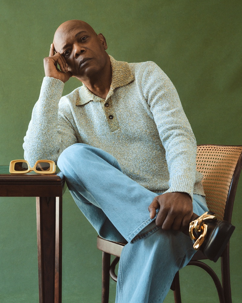 Samuel L. Jackson wears a Bottega Veneta knit polo shirt and straight-leg jeans with JW Anderson chain-embellished leather backless loafers.
