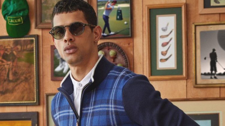 Todd Snyder Footjoy Cotton-cashmere Double Knit Plaid Half-zip In Navy Plaid 005
