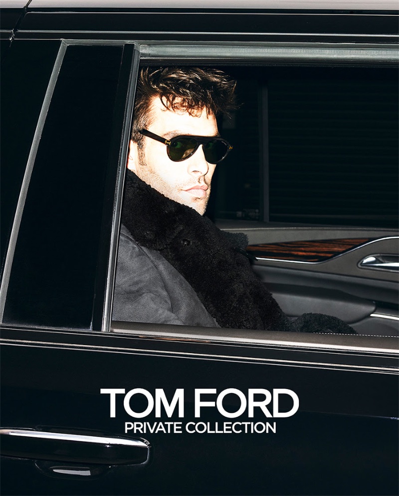 Riding in a black car, Jon Kortajarena fronts the Tom Ford Private Collection campaign.