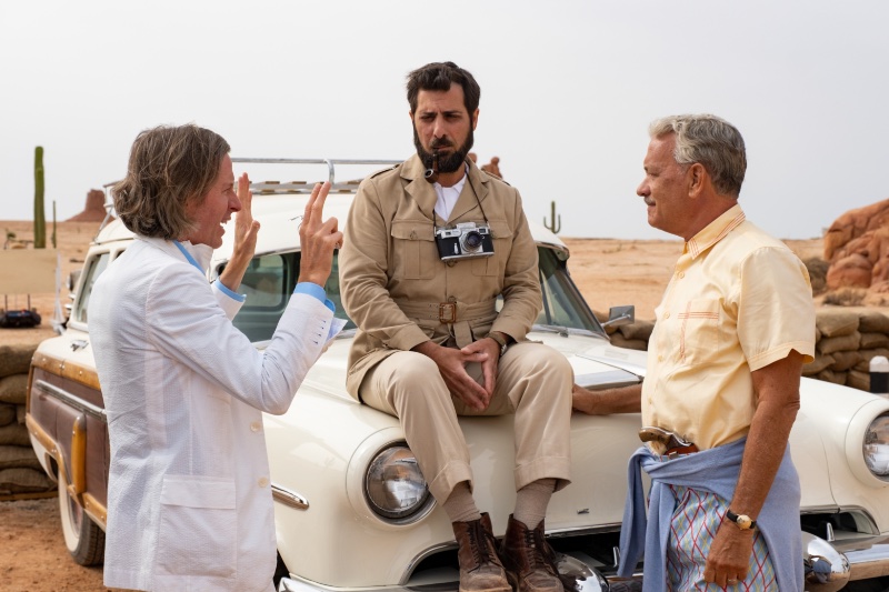 Wes Anderson on set with Jason Schwartzman and Tom Hanks for Asteroid City.