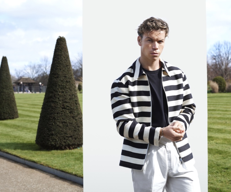 Sporting a striped Emporio Armani jacket, Will Poulter poses for Hunger magazine. 