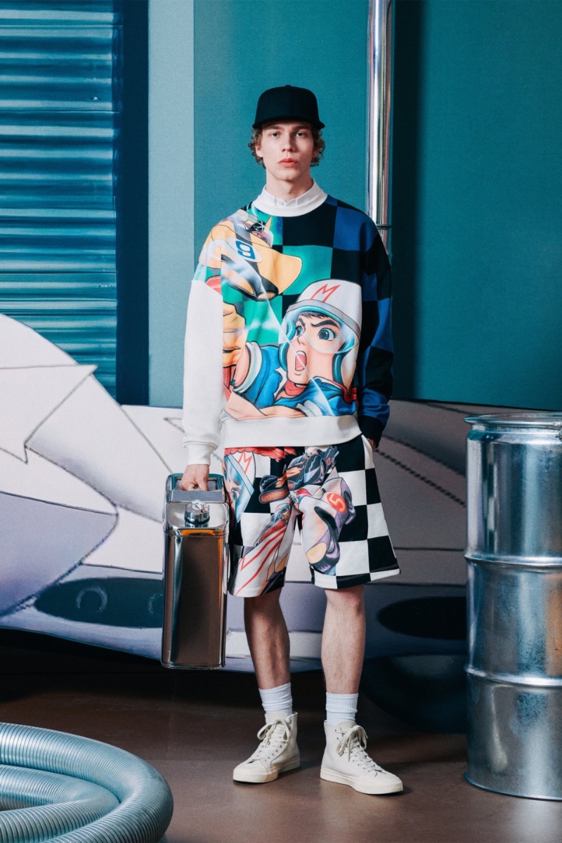 Aaron Lazar models a checkered graphic look from the Zara + Speed Racer capsule collection.