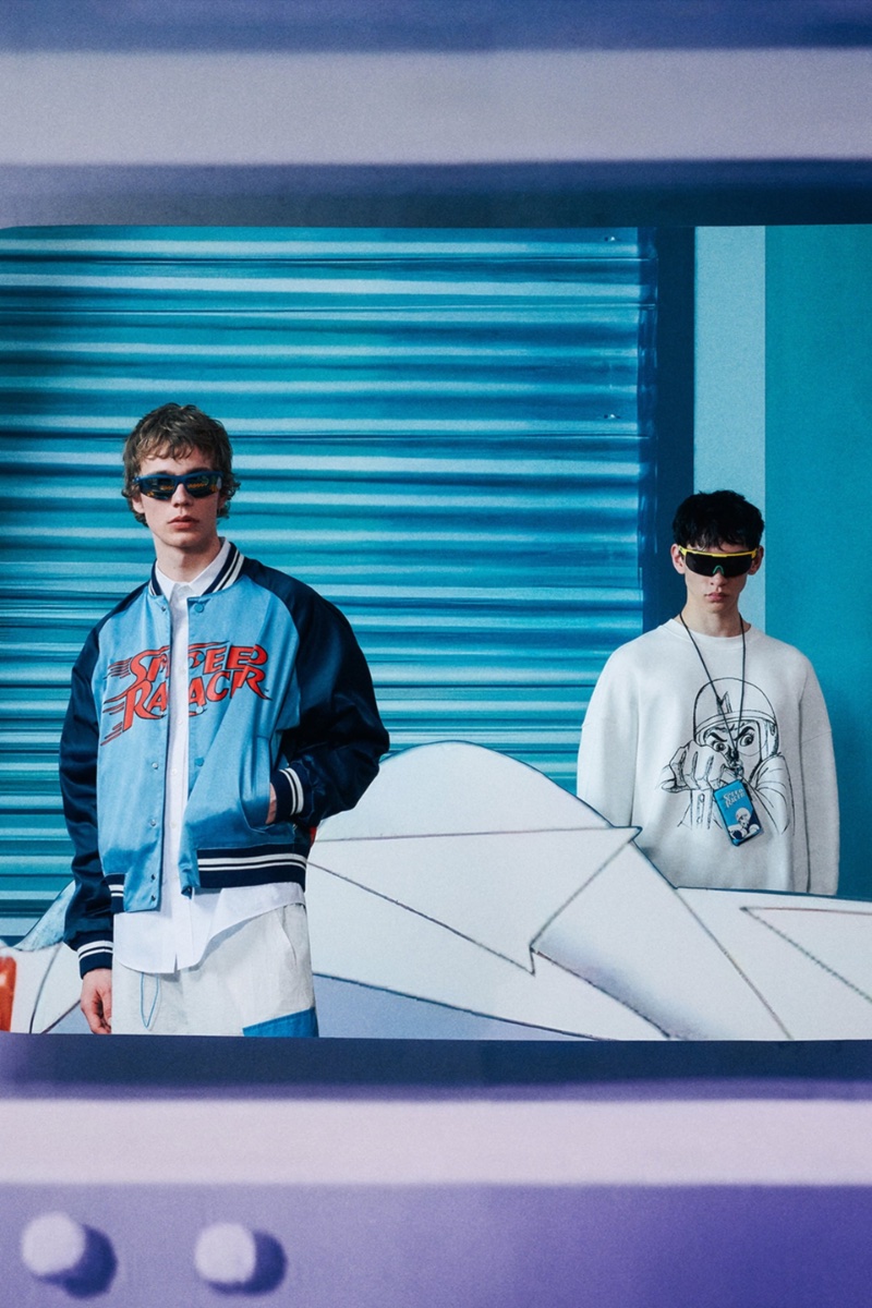 Models Aaron Lazar and Felix Cheong-MacLeod sport essentials such as the bomber jacket and sweatshirt, reinterpreted for the Zara Man + Speed Racer capsule collection.