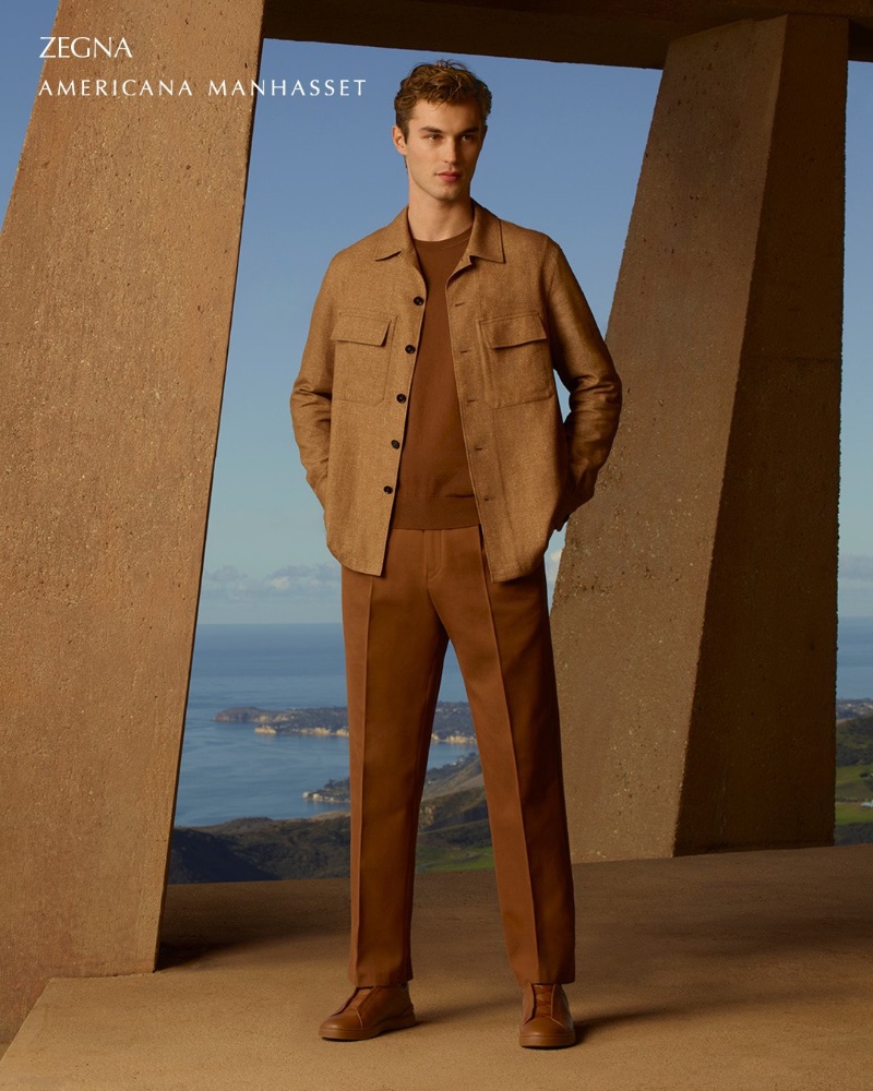 Embracing shades of brown, Kit Butler dons a Zegna look.