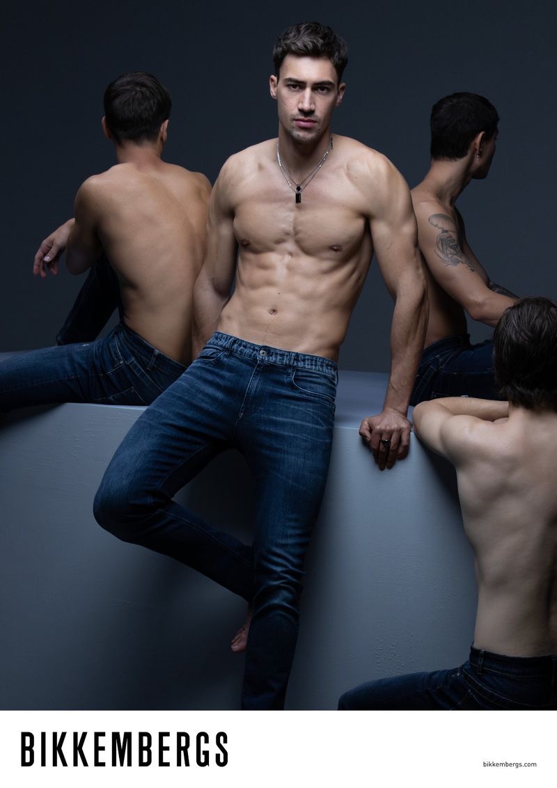 Italian model Alessio Pozzi takes the spotlight in denim jeans for Bikkembergs' fall-winter 2023 campaign. 