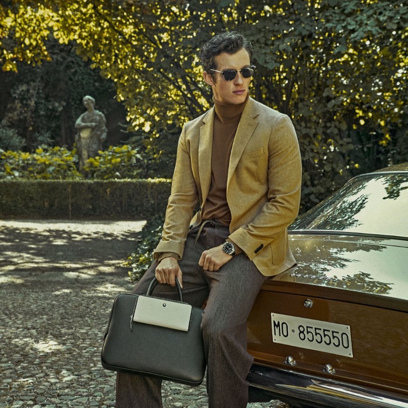 Starring in Montblanc's The Library Spirit campaign, Callum Turner showcases a bag from the brand's Sartorial collection. 