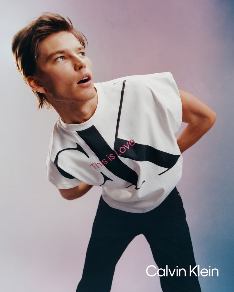 Jordan Barrett wears a CK Pride t-shirt for the brand's 2023 campaign.