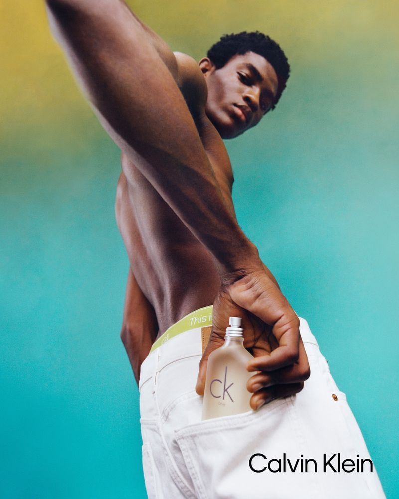 Sporting white denim jeans, Evans Ikechukwu stars in the Calvin Klein CK1 Pride 2023 campaign.