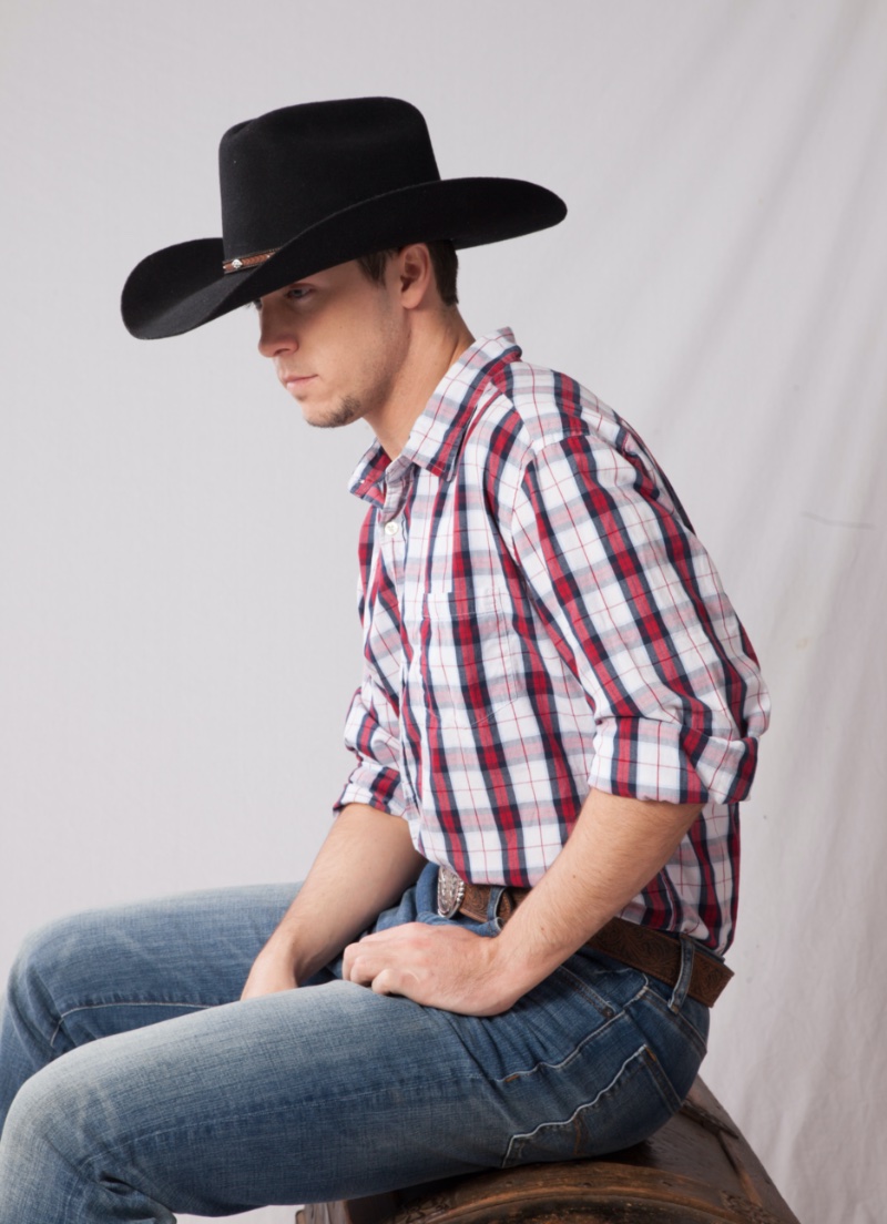 Cowboy Style Plaid Shirt Blue Jeans Black Cowboy Hat