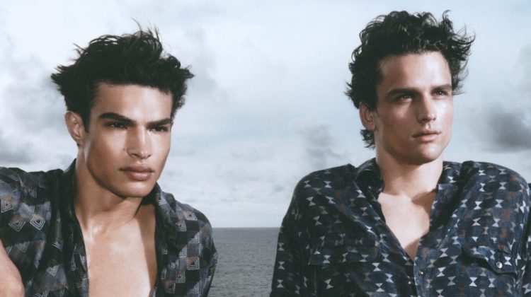 Noah Luis Brown and Simon Nessman share the spotlight in geometric prints for the Giorgio Armani Mare spring-summer 2023 campaign.