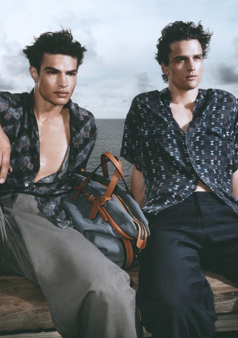 Noah Luis Brown and Simon Nessman share the spotlight in geometric prints for the Giorgio Armani Mare spring-summer 2023 campaign.