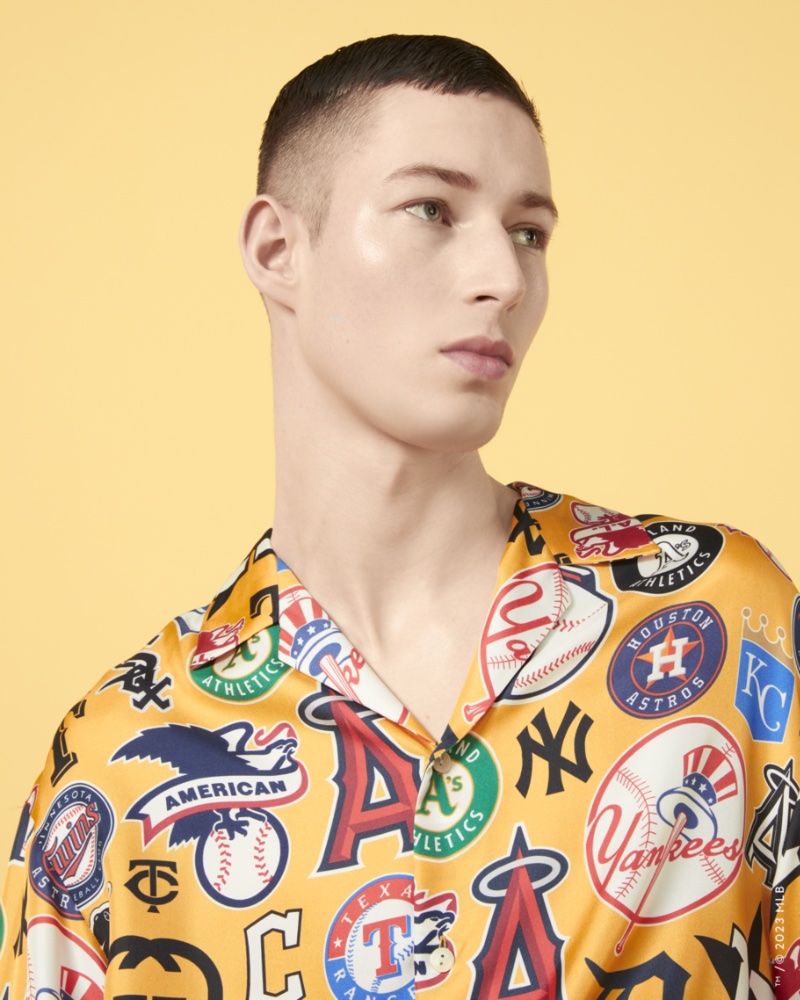 Jean Meyer sports a Cuban collared shirt from the Gucci MLB capsule collection. 