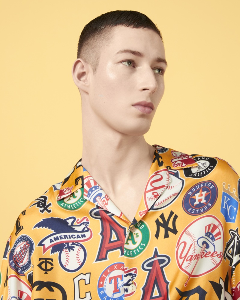 Jean Meyer sports a Cuban collared shirt from the Gucci MLB capsule collection. » Gucci MLB Capsule: A Winning Collaboration Jean Meyer sports a Cuban collared shirt from the Gucci MLB capsule collection.