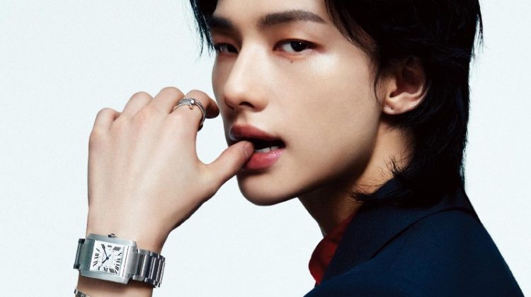 Hyunjin dons a Wooyoungmi suit jacket with a Cartier Tank Française watch, white gold love bracelet, and Juste un Clou ring for the June 2023 cover of Esquire Korea.
