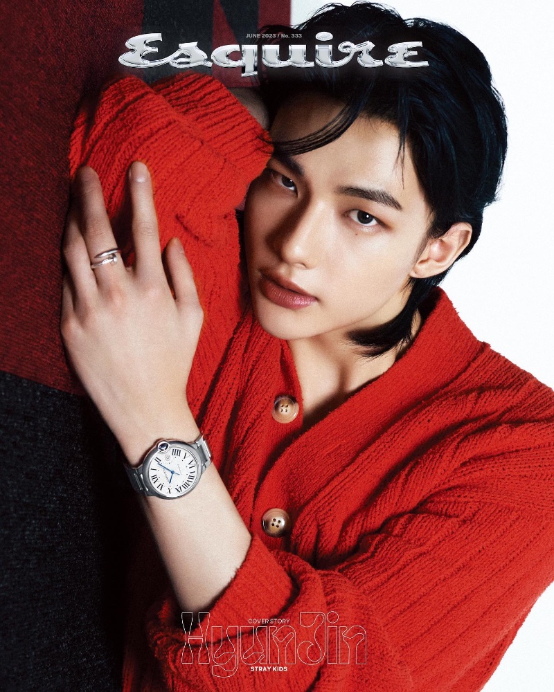 Covering Esquire Korea in a red cardigan, Hyunjin sports a Ballon Bleu de Cartier watch with a white gold love ring set.