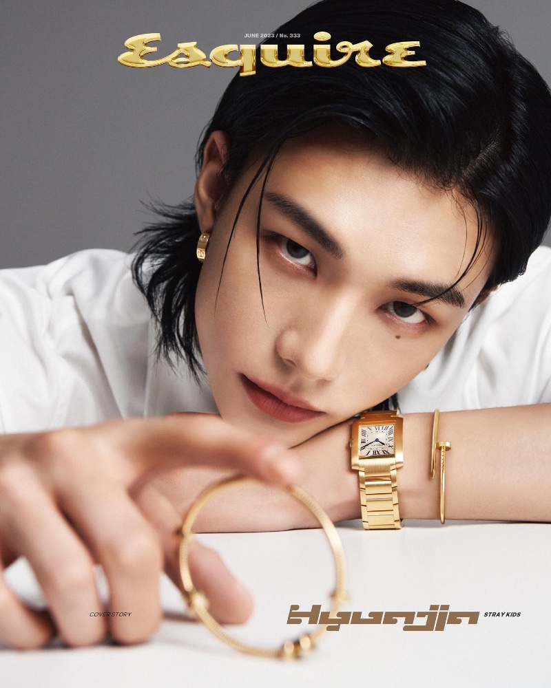 Dressed in a crisp white shirt by Lesugiatelier, Hyunjin dons a Tank Française Cartier watch with the brand's yellow gold Juste un Clou bracelet and love earrings. » Hyunjin Dons Cartier for Esquire Korea June 2023 Covers Dressed in a crisp white shirt by Lesugiatelier, Hyunjin dons a Tank Française Cartier watch with the brand's yellow gold Juste un Clou bracelet and love earrings.