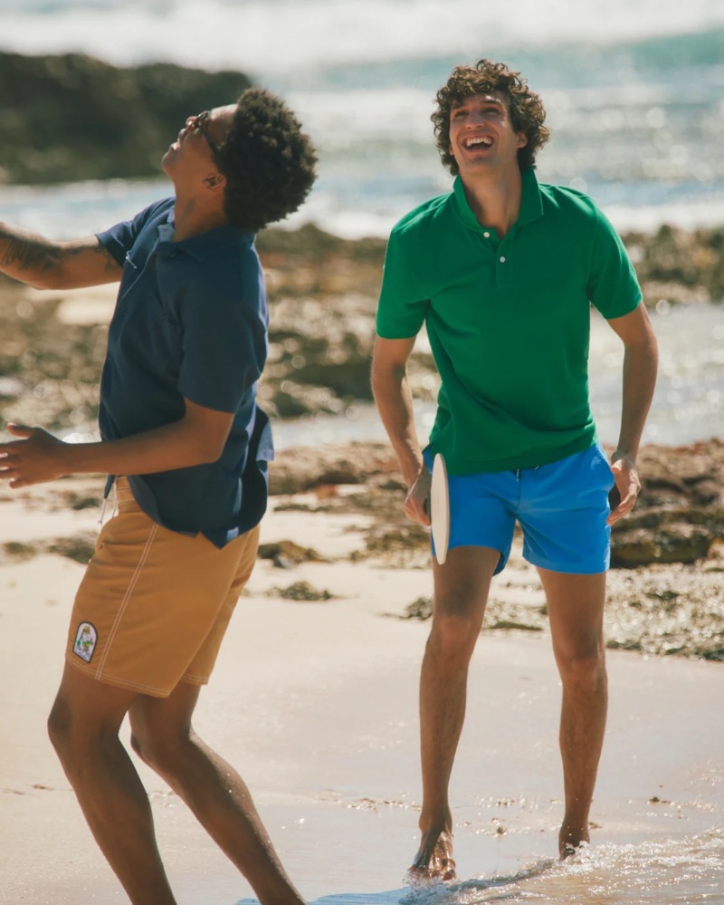 Caleb Giles and Francisco Henriques hit the beach in new swimwear. Pictured left, Caleb wears Katin Waterman swim trunks $65 while Francisco sports J.Crew's 5" breaker board shorts $89.50. 