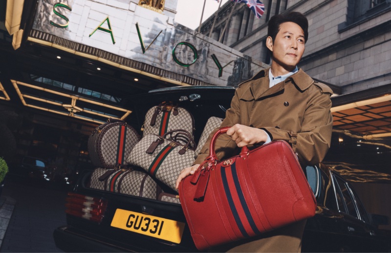 Jungjae Lee checks into The Savoy hotel in London for the Gucci Valigeria campaign.