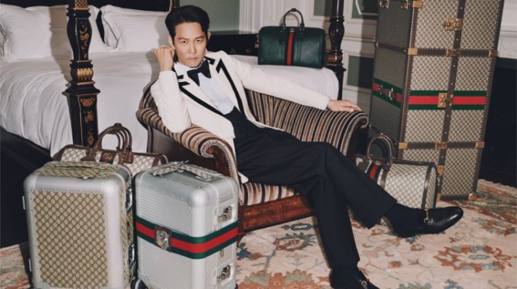 Donning sharp eveningwear, Jungjae Lee stars in the Gucci Valigeria campaign.