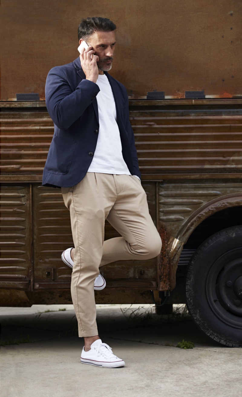 Khaki Pants Men T Shirt Navy Blazer White Sneakers