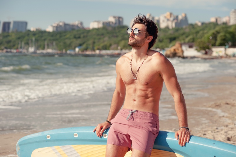 Man Shirtless Swim Shorts Beach Sunglasses Necklace