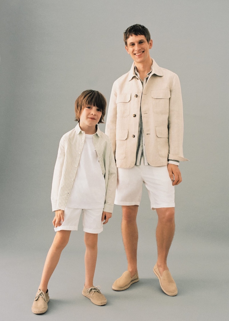 Model Mathias Lauridsen and his son wear coordinating Mango looks. 