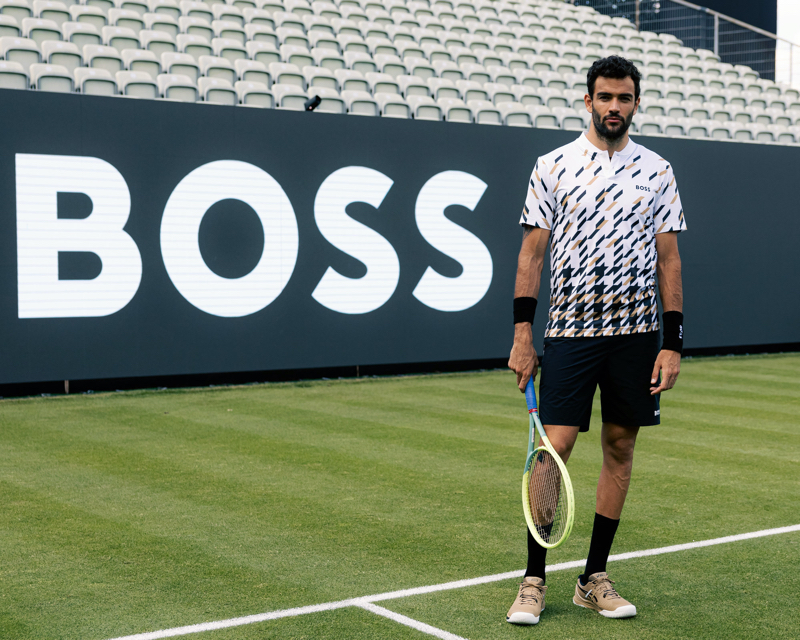 Dressed head to toe in BOSS, Matteo Berrettini wears pieces from his latest collaboration with the German brand. 