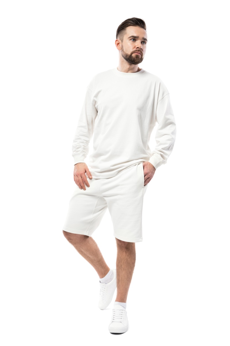 Mens Shorts Outfit Monochromatic All White Sweat Shorts Sweatshirt