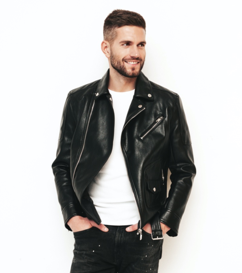 Minimalist Wardrobe Men Black Leather Biker Jacket