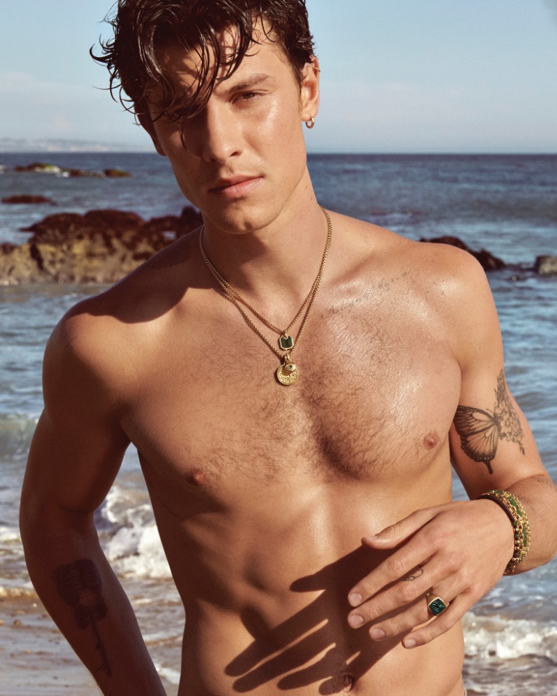 Shawn Mendes goes shirtless for David Yurman's summer 2023 campaign, showcasing the brand's Amulets collection.