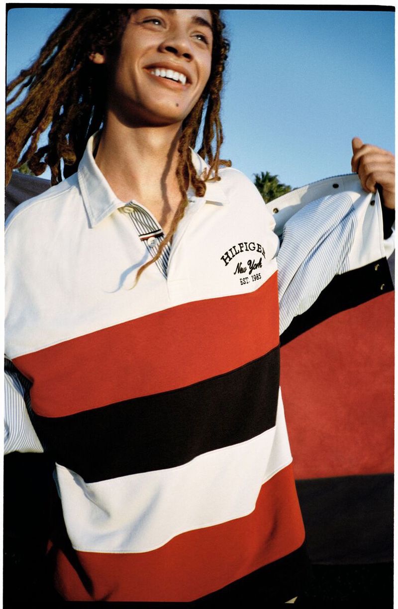 Solly Wilson sports a rugby shirt for Tommy Hilfiger's pre-fall 2023 campaign.
