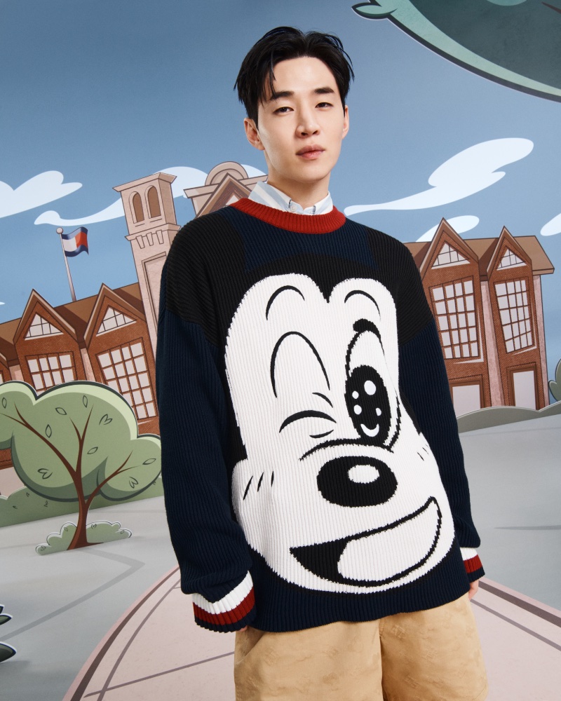 Henry Lau sports a Mickey Mouse sweater for the Disney x Tommy collection campaign. 