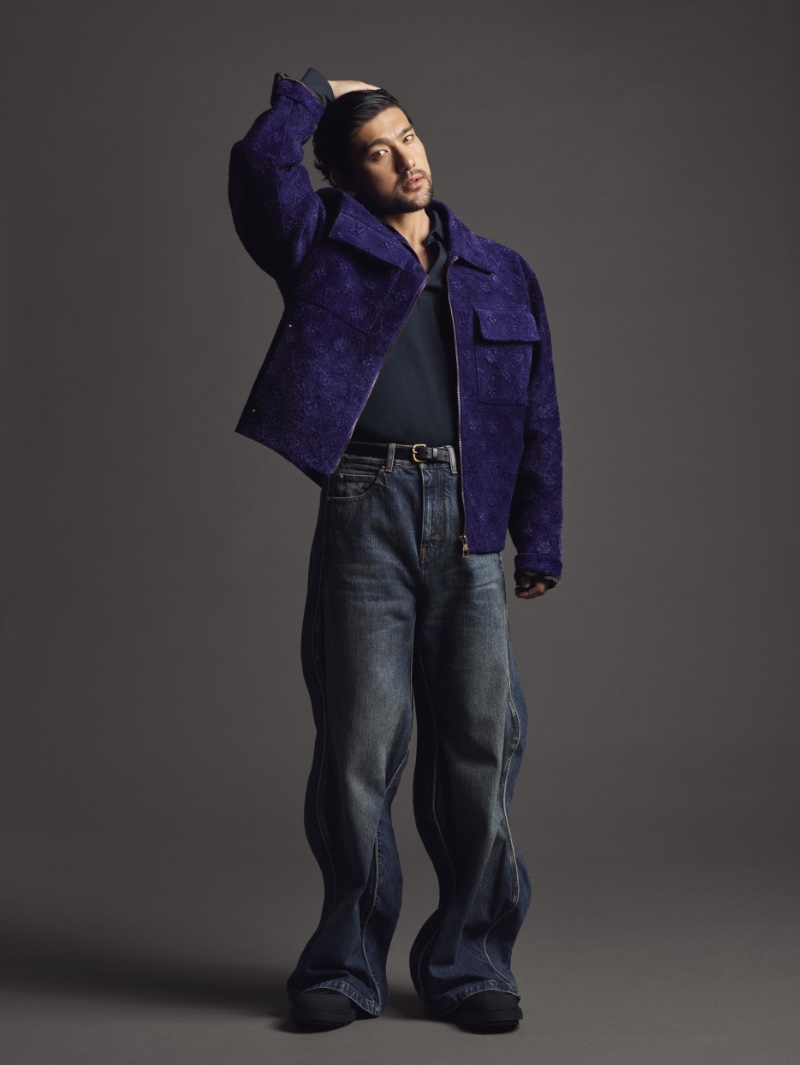 Actor Will Sharpe dons a purple Louis Vuitton jacket.