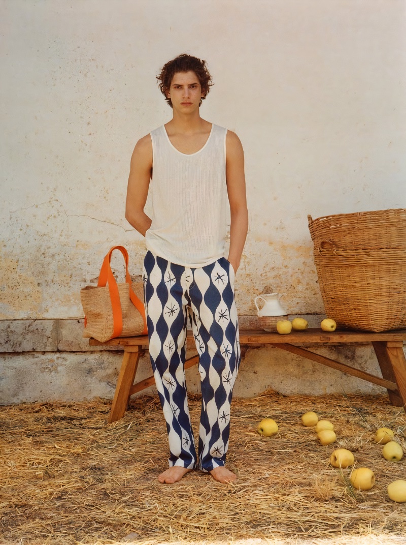 Hedi Ben Tekaya sports wave print pants from "The Summer Escape" Zara collection.