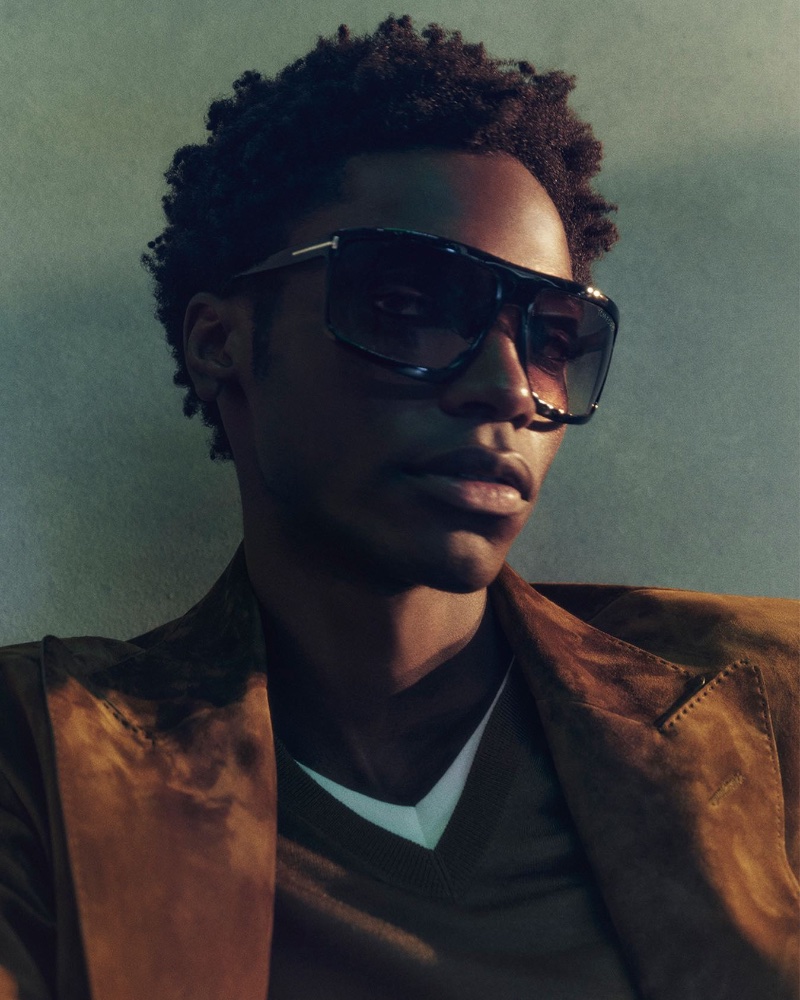 Taking the spotlight, Ahmed Richards rocks Tom Ford's Clint sunglasses for the brand's pre-fall 2023 campaign. 