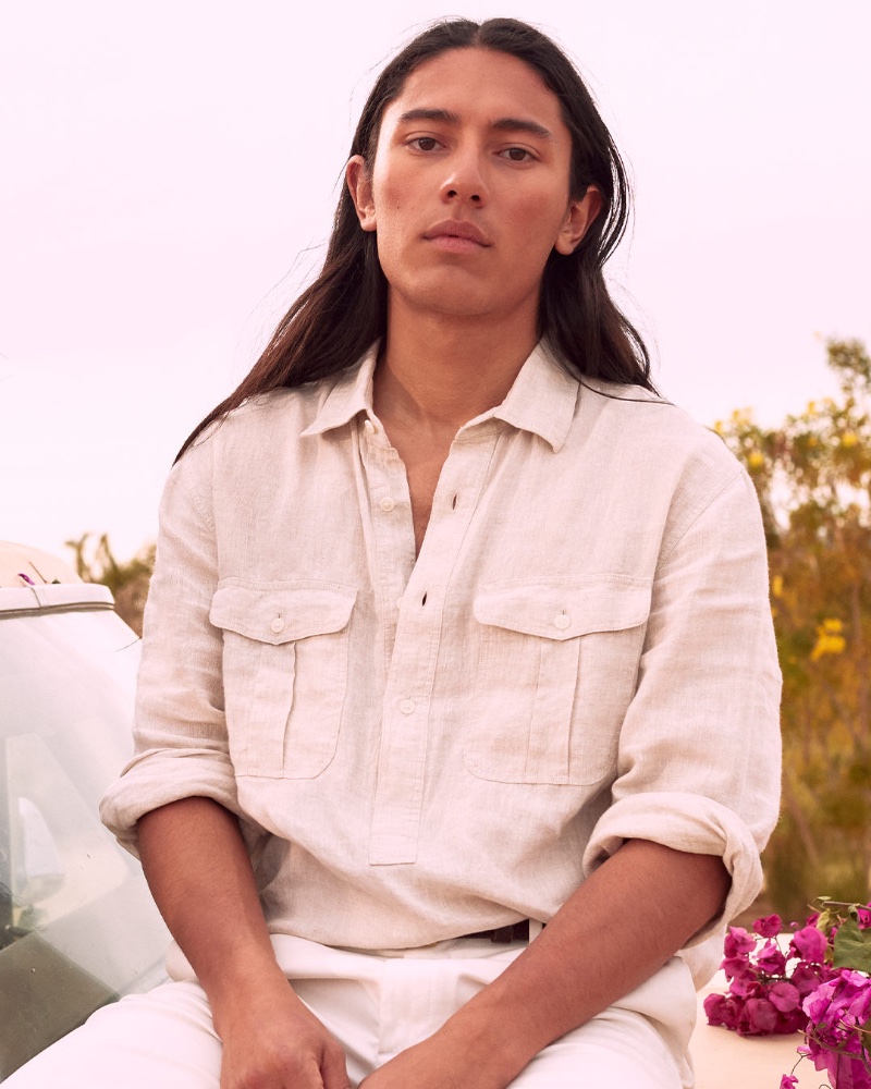 Cherokee Jack sports a popover shirt for Banana Republic's summer 2023 campaign. 